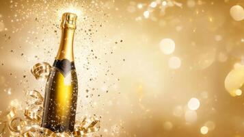Golden champagne bottle with sparkling stars and bokeh lights exploding from the cork, surrounded by curling ribbons, soft beige background photo