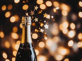 Flat lay of champagne bottle and streamers, with gold stars bursting from the top, light blurred glow in the background photo