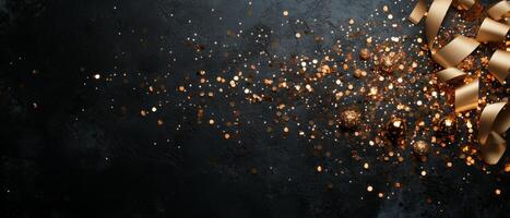 Party setup with scattered golden ribbons, sparkling baubles, and confetti, arranged asymmetrically on a black surface, leaving negative space on the right photo