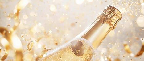 Champagne bottle popping with golden confetti and sparkles exploding outward, surrounded by curling ribbons, soft bokeh effect in the background, light beige canvas photo