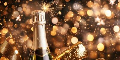 Holiday champagne bottle with popping cork, surrounded by stars and golden ribbons, bokeh light effects in the background photo