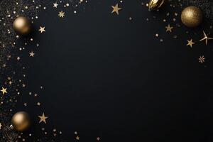Minimalist New Year celebration flat lay with golden decorative elements such as stars, baubles, and confetti on a black background, arranged asymmetrically to leave space on the right photo