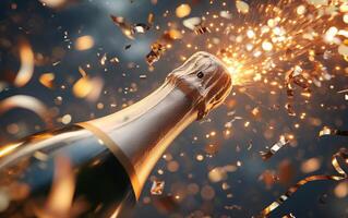 Sparkling champagne bottle with cork flying off, surrounded by curling golden ribbons, confetti bursting in all directions photo