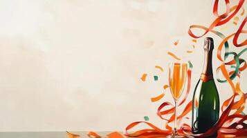 Celebration scene with a champagne bottle and ribbons, arranged to leave negative space along the lower half photo