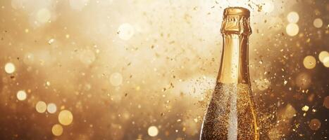 Champagne bottle popping with golden confetti and sparkles exploding outward, soft bokeh effect in the background, leaving empty space on the left side photo