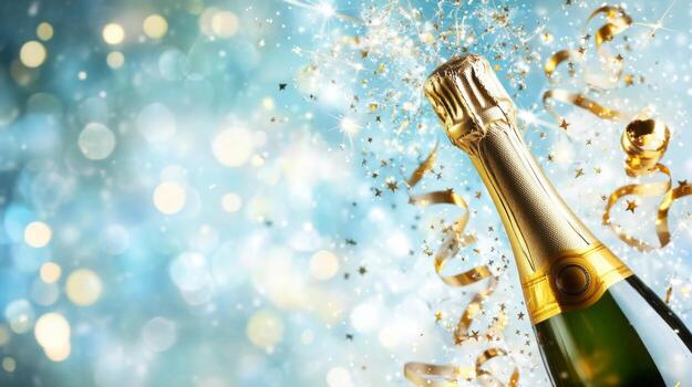 Champagne bottle with sparkles and stars bursting outward, surrounded by curling ribbons, leaving space on the left for text photo