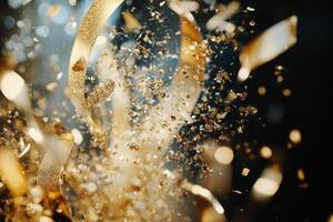 Champagne themed celebration with cork bursting, golden glitter and ribbons flying outward, leaving clear space in the center photo