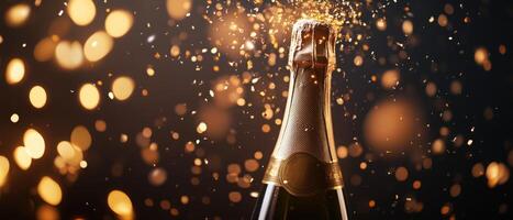 Champagne bottle popping with golden confetti and sparkles exploding outward, soft bokeh effect in the background, leaving empty space on the left side photo