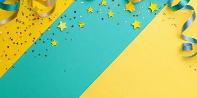 Decorative flat lay featuring streamers and stars, arranged diagonally with empty space in the bottom right corner photo