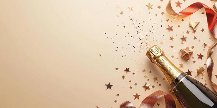 Holiday champagne bottle with popping cork, surrounded by ribbons and stars, with empty space at the top photo
