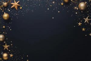 Minimalist New Year celebration flat lay with golden decorative elements such as stars, baubles, and confetti on a black background, arranged asymmetrically to create empty space photo