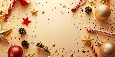 New Year's Eve decorations featuring party horns, ornaments, and golden stars, diagonally placed with empty space at the bottom photo