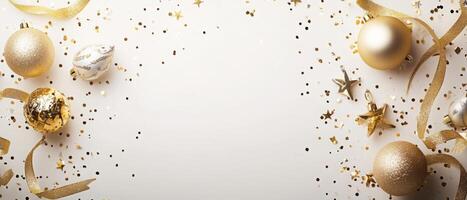 Party setup with scattered golden ribbons, sparkling baubles, and confetti, arranged asymmetrically with empty space in the upper half photo