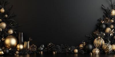 Black and gold themed New Year celebration scene, with decorations arranged to leave negative space along the top edge photo