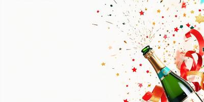 Holiday champagne bottle with popping cork, surrounded by ribbons and stars, with empty space at the top photo
