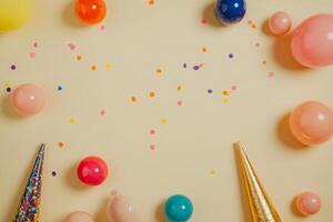 Flat lay with baubles, party horns, and confetti, arranged on a beige surface with empty space on the right photo