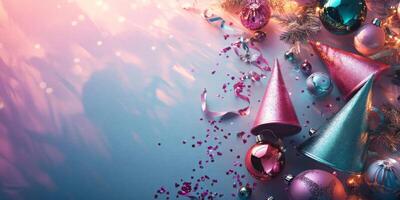 Party setup with glittery hats, ornaments, and streamers, diagonally positioned with empty space on the left photo