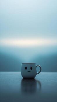 A sad faced mug sits on a smooth table in a vast, empty room. Soft blue tones blur the background, highlighting the isolation and stillness, with negative space adding to its loneliness photo