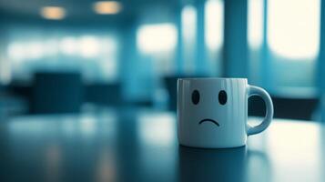 A sad faced mug sits on a smooth table in a vast, empty room. Soft blue tones blur the background, highlighting the isolation and stillness, with negative space adding to its loneliness photo