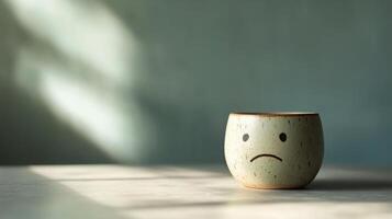 A frowning mug sits alone on a minimalistic table. Soft, cool light highlights the mug, with empty negative space around it, evoking a sense of quiet contemplation and solitude photo