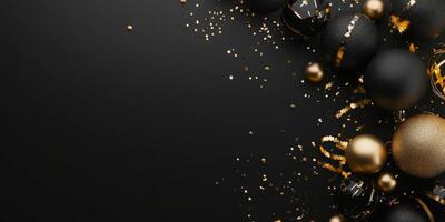 Black and gold themed New Year celebration scene, with decorations arranged to leave negative space along the top edge photo