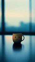 A sad faced mug sits on a smooth table in a vast, empty room. Soft blue tones blur the background, highlighting the isolation and stillness, with negative space adding to its loneliness photo