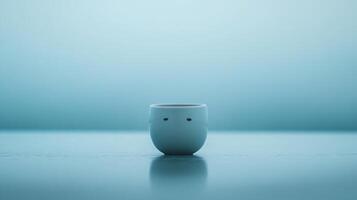 Lonely ceramic mug with a sad face sits on an empty surface, surrounded by vast negative space. Soft blue tones in the background evoke a cold, desolate environment, emphasizing the mug insignificance photo