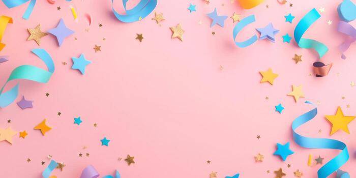 Decorative flat lay featuring streamers and stars, arranged diagonally with empty space in the bottom right corner photo