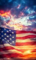 Vertical view of the American flag with fabric texture, colorful sunset sky in the background photo