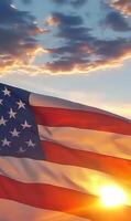 American flag waving vertically, partial view with a soft sunset sky in the background photo