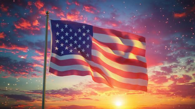 Waving American flag with bright stars, sunset-lit sky with colorful clouds in the background photo