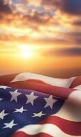 Close-up of American flag fabric with stars and stripes, vertical composition, sunset sky in the background photo