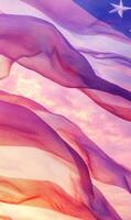 Close-up of American flag fabric in vertical frame, with a soft pink and purple sunset sky photo