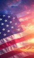 Zoomed-in vertical shot of the American flag with stars, background of a sunset sky photo