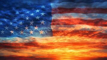 Close-up of American flag texture with a sunset sky full of soft clouds, vibrant yet subtle colors photo
