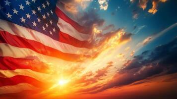 Close-up of American flag texture with a sunset sky full of soft clouds, vibrant yet subtle colors photo