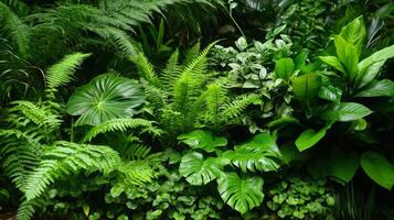 A mix of tropical ferns and broadleaf plants in a humid jungle, natural shading, moist green leaves photo