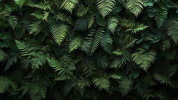 Dense arrangement of dark green ferns with intricate leaf patterns covering the entire frame, minimal light, rich shadows, natural forest setting photo