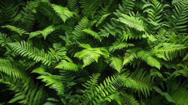 Dense carpet of ferns filling the frame, deep shadows and subtle light creating a moody and natural texture photo