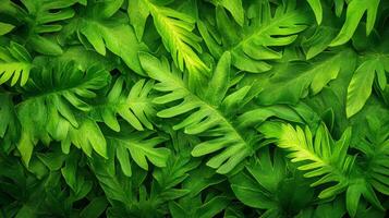 Close-up of thick fern leaves layered together, creating a deep green textured pattern, low natural lighting, high contrast photo