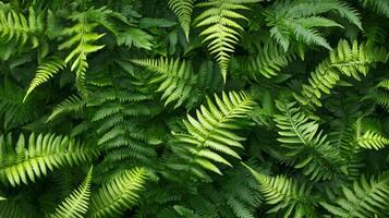 Full view of densely layered fern leaves, natural forest light barely filtering through, creating high contrast and depth photo