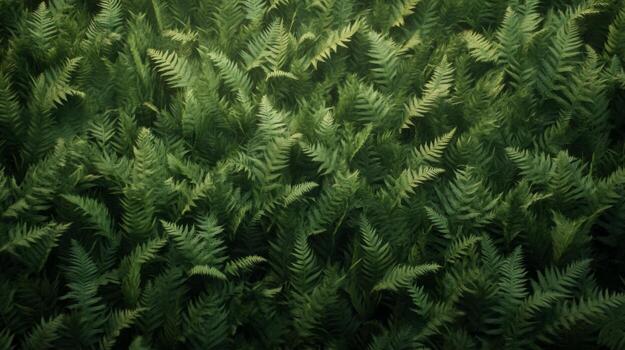Dense carpet of ferns filling the frame, deep shadows and subtle light creating a moody and natural texture photo