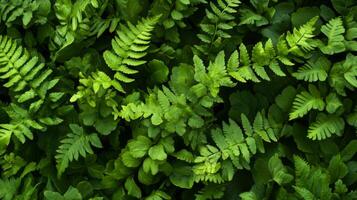Lush dark green ferns tightly packed, showing rich textures and deep shadows, minimal light, full-frame composition photo