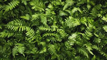 Lush dark green ferns tightly packed, showing rich textures and deep shadows, minimal light, full-frame composition photo