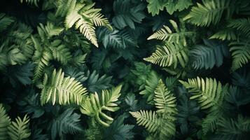 Dense arrangement of dark green ferns with intricate leaf patterns covering the entire frame, minimal light, rich shadows, natural forest setting photo