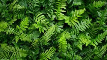 Lush dark green ferns tightly packed, showing rich textures and deep shadows, minimal light, full-frame composition photo