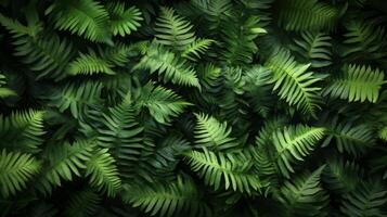Lush dark green ferns tightly packed, showing rich textures and deep shadows, minimal light, full-frame composition photo