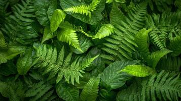 Close-up of thick fern leaves layered together, creating a deep green textured pattern, low natural lighting, high contrast photo
