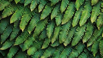 Close-up of thick fern leaves layered together, creating a deep green textured pattern, low natural lighting, high contrast photo