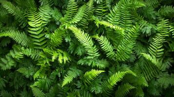Pattern of overlapping fern fronds, tightly packed with rich, dark green hues, soft ambient light, natural forest vibe photo